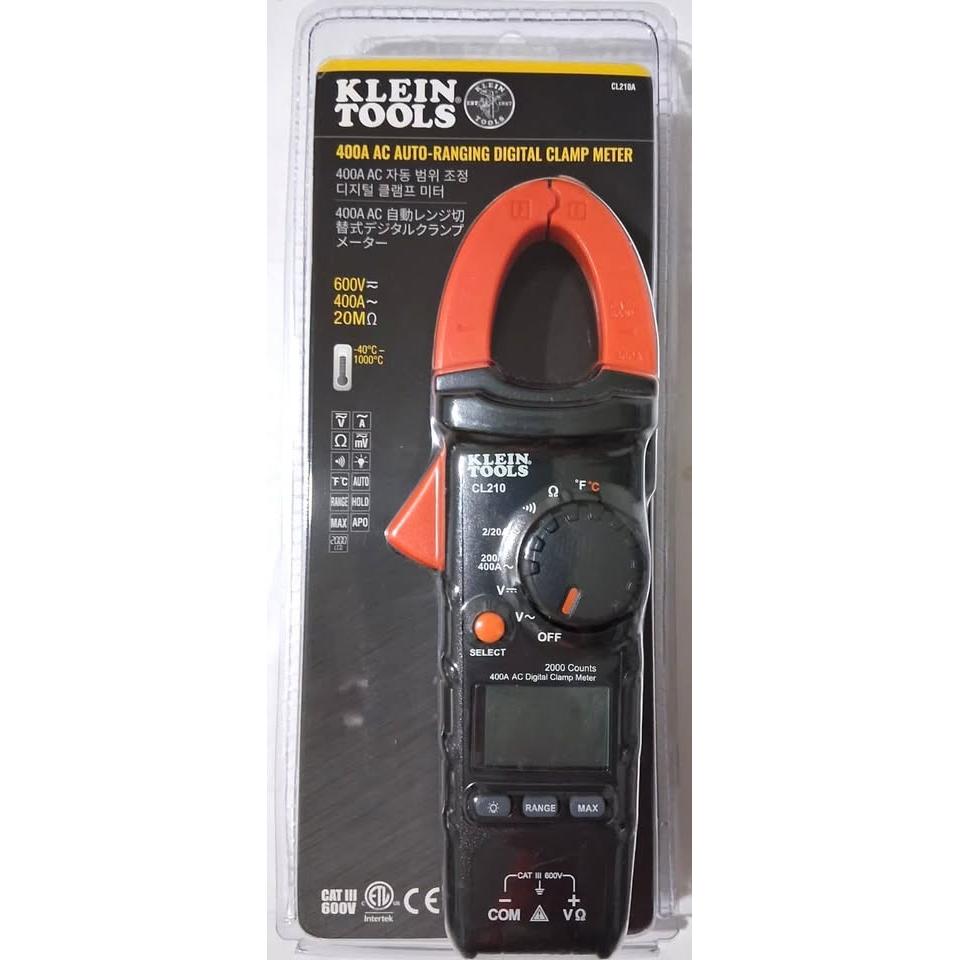 Klein Tools 400A AC Auto-Ranging Digital Clamp Meter – CAT III 600V with Temperature Probe (CL210A)