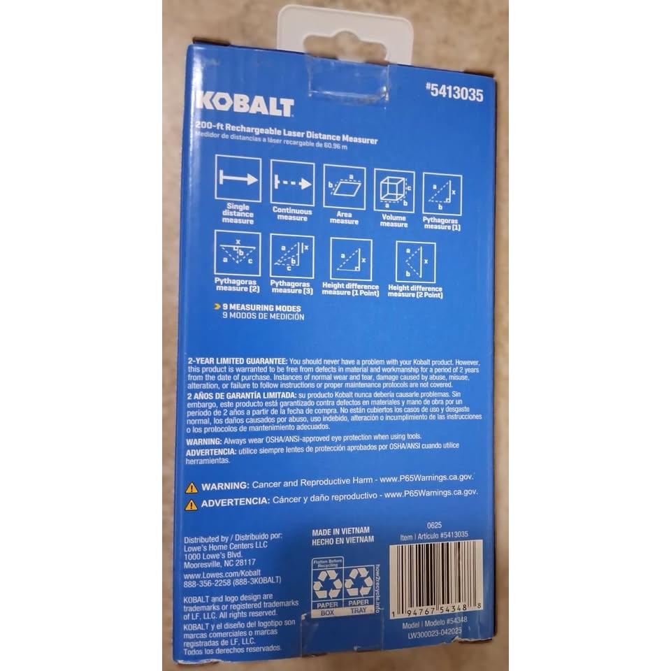 Kobalt 200 ft Rechargeable Laser Distance Measurer – 9 Modes, Backlit Display (5413035)