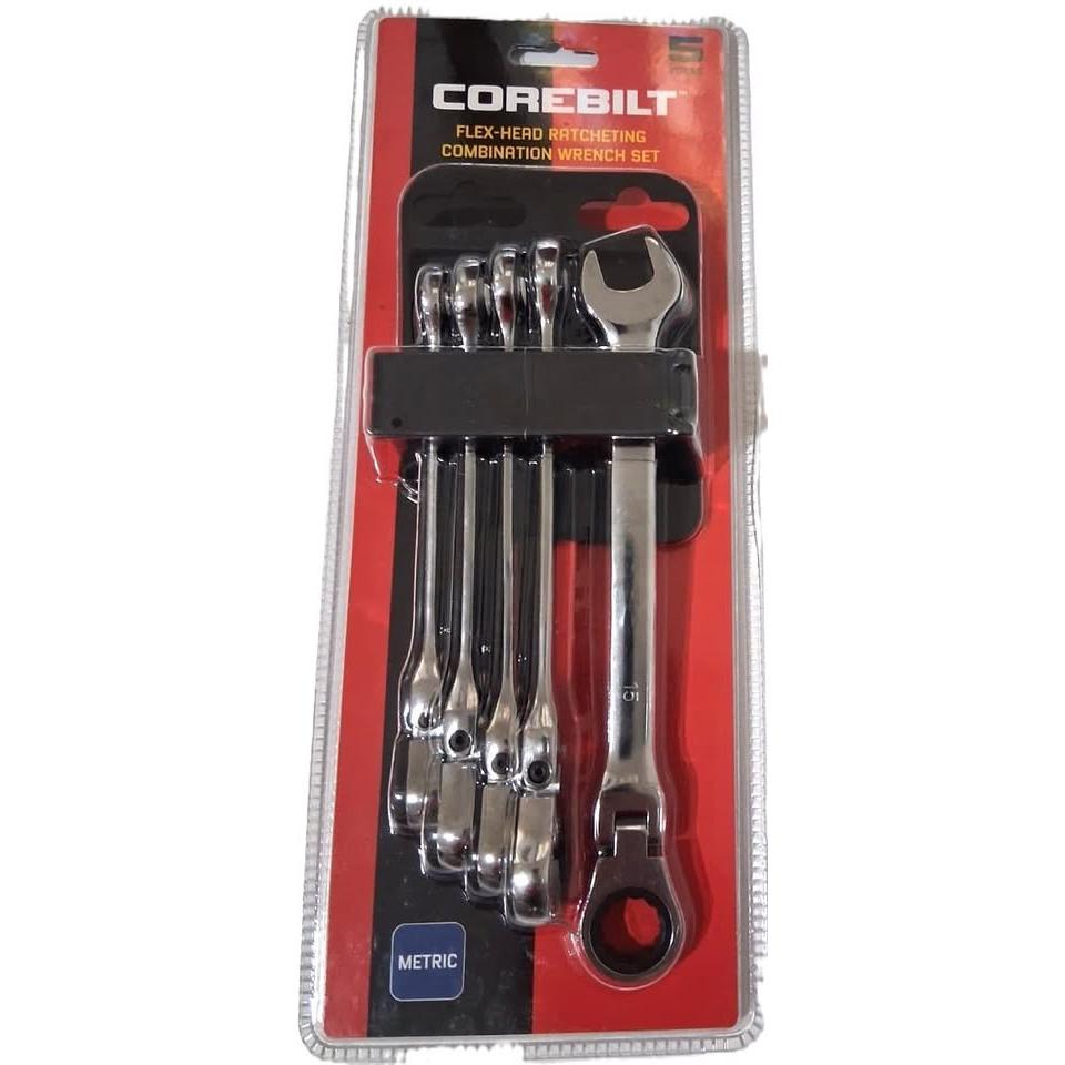 Set 5 Llaves Combinadas Ratchet Flex-Head Métrico Corebilt – 10-15mm | 72 Dientes | 12 Puntas Negro Oxidado | Acero Carbono Cromado | Meets ANSI