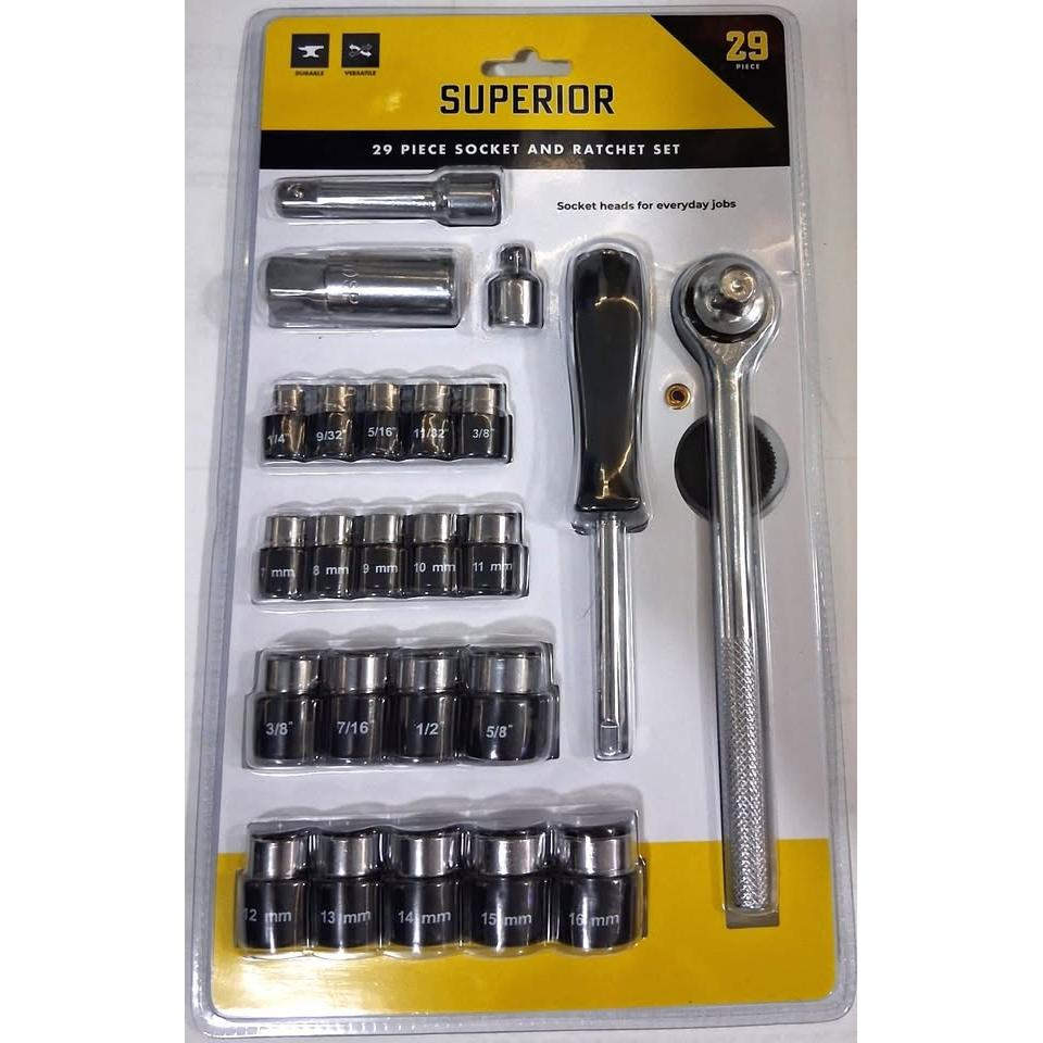 Set 29 Piezas Dados y Ratchet Superior – SAE y Métrico | 1/4" y 3/8" Drive | Bujía + Extensión | Cromo
