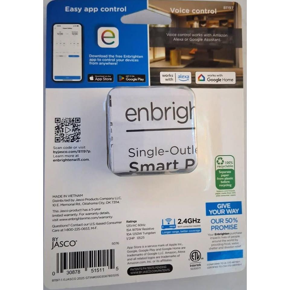 Enbrighten Single-Outlet Wi-Fi Smart Plug – Matter, Works with Alexa & Google (81197)