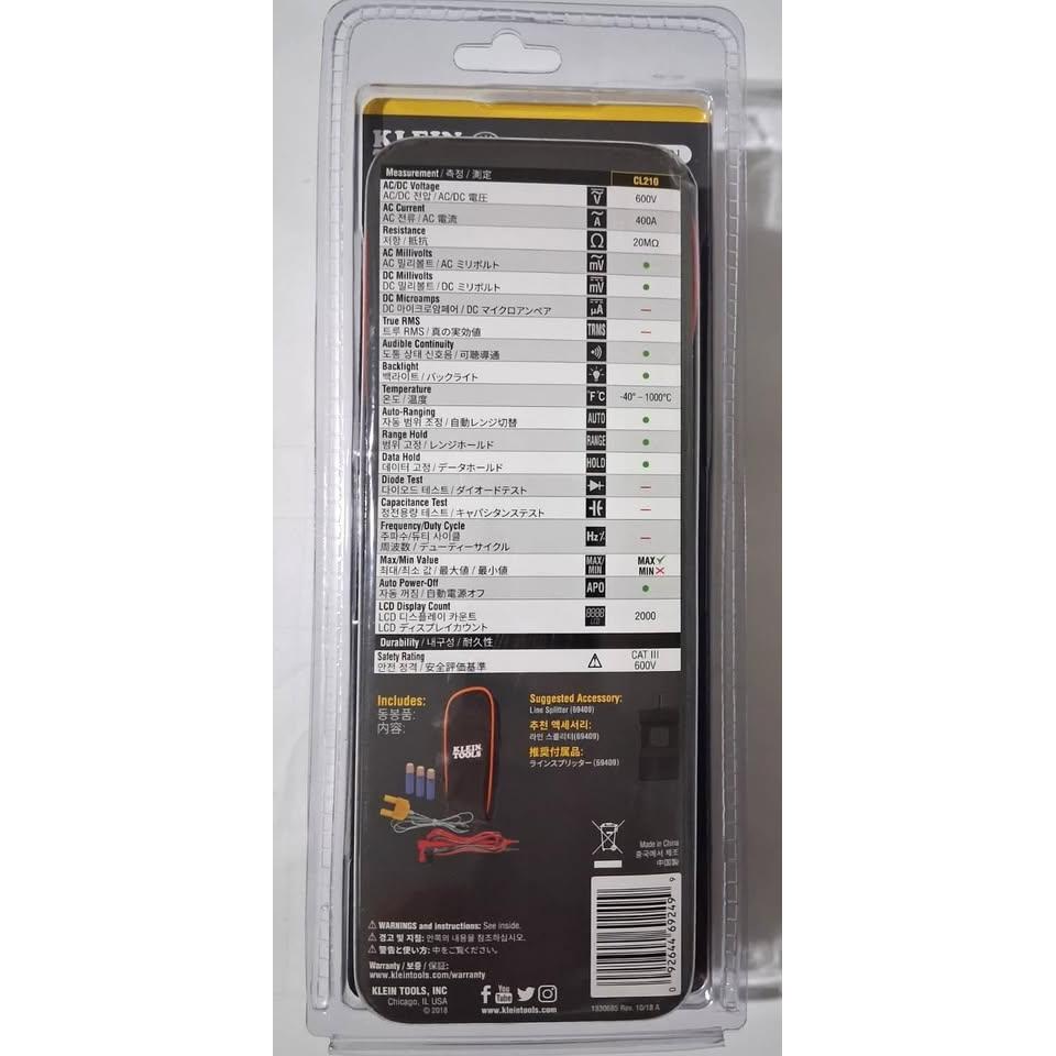 Klein Tools 400A AC Auto-Ranging Digital Clamp Meter – CAT III 600V with Temperature Probe (CL210A)