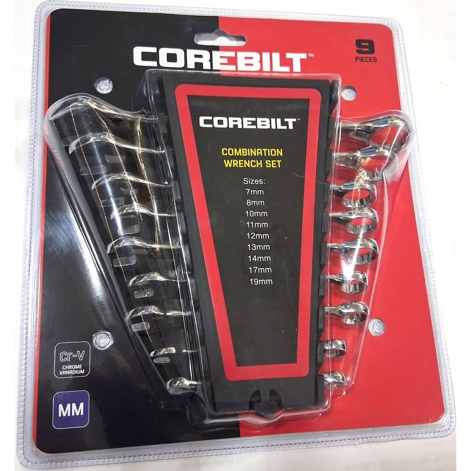 COREBILT Juego 9 Llaves Combinadas Métrico Cr-V Cromadas 7mm a 19mm
