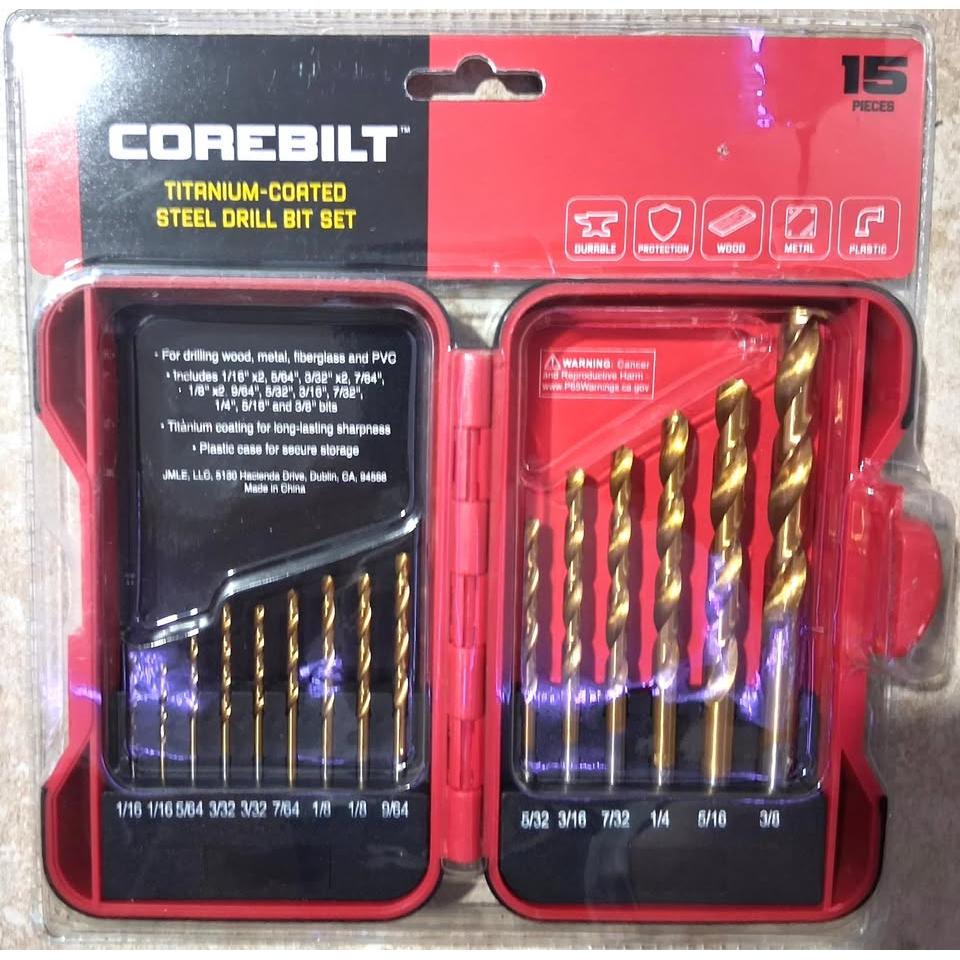 Set 15 Brocas de Acero con Recubrimiento Titanio Corebilt – Madera, Metal, Plástico y Fibra de Vidrio | Estuche Incluido