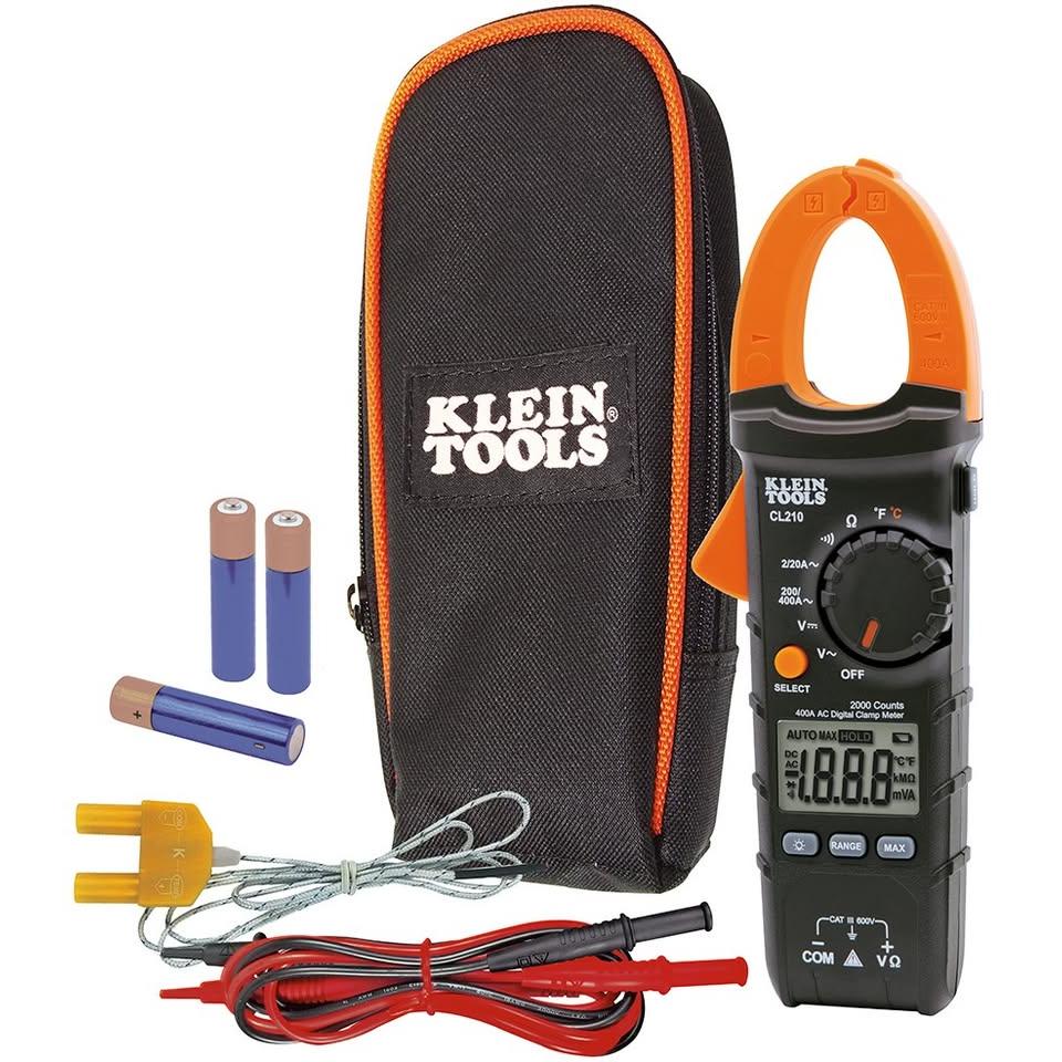Klein Tools 400A AC Auto-Ranging Digital Clamp Meter – CAT III 600V with Temperature Probe (CL210A)