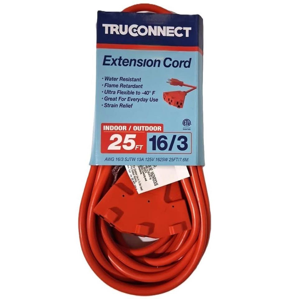 TruConnect 25 ft Indoor/Outdoor Extension Cord – 16/3, Triple Outlet (32525)
