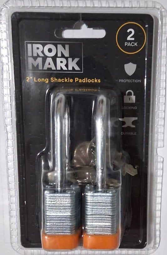 Iron Mark 2-Pack 2" Long Shackle Laminated Padlocks (2 Keys Per Lock)