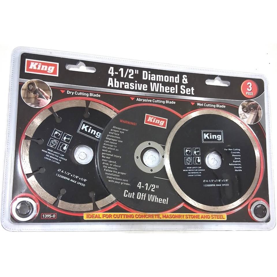 Set 3 Discos King 4-1/2" Diamante y Abrasivo – Corte Seco + Húmedo + Cut-Off | Concreto, Mampostería y Acero | 13,200 RPM