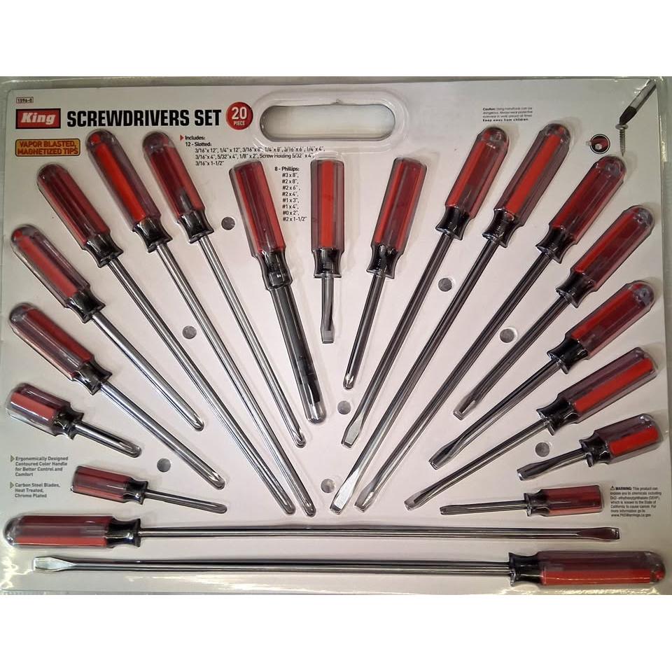 KING Set 20 Destornilladores Vapor Blasted Magnetized Tips Acero Carbono Cromado Slotted Phillips