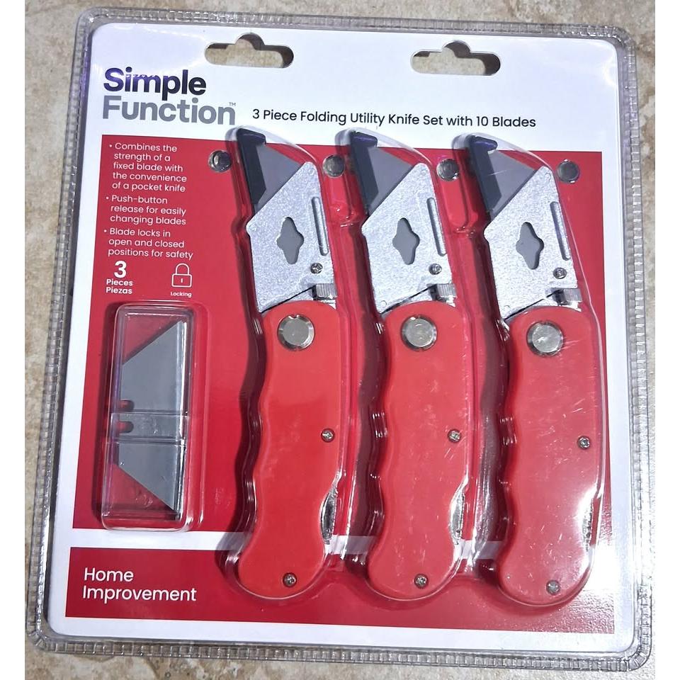 SIMPLE FUNCTION Set 3 Navajas Plegables Utility con 10 Cuchillas Push-Button Locking Rojo