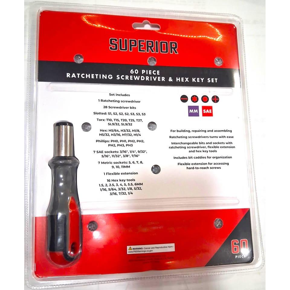 Set 60 Piezas Destornillador Ratchet + Llaves Allen Superior – MM + SAE | Slotted, Torx, Phillips, Hex, Dados + Extensión Flexible | Construcción, Reparación y Ensamblaje