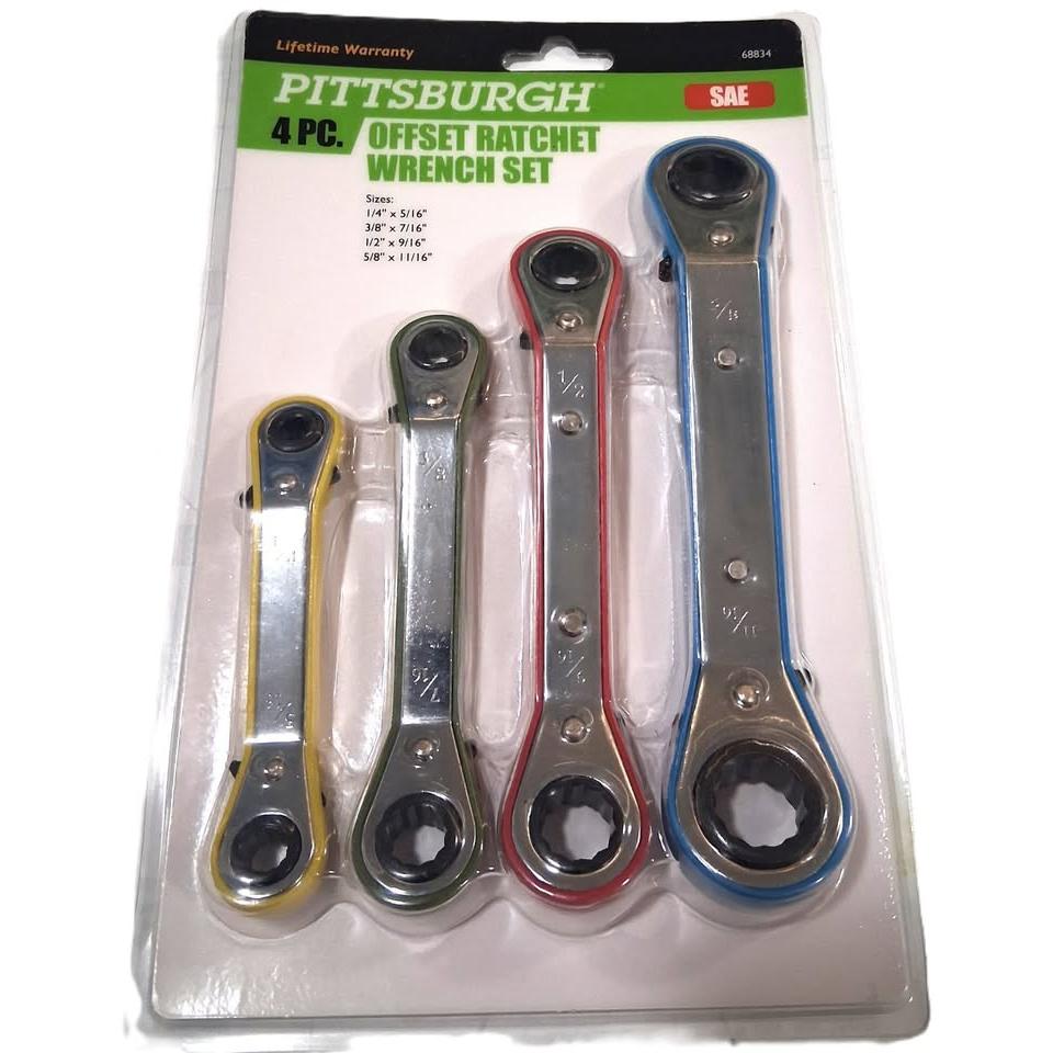 Set 4 Llaves Ratchet Offset SAE Pittsburgh – 25° Offset | 12 Puntas | Reversible | 1/4"-11/16" | Garantía de Por Vida | Modelo 68834