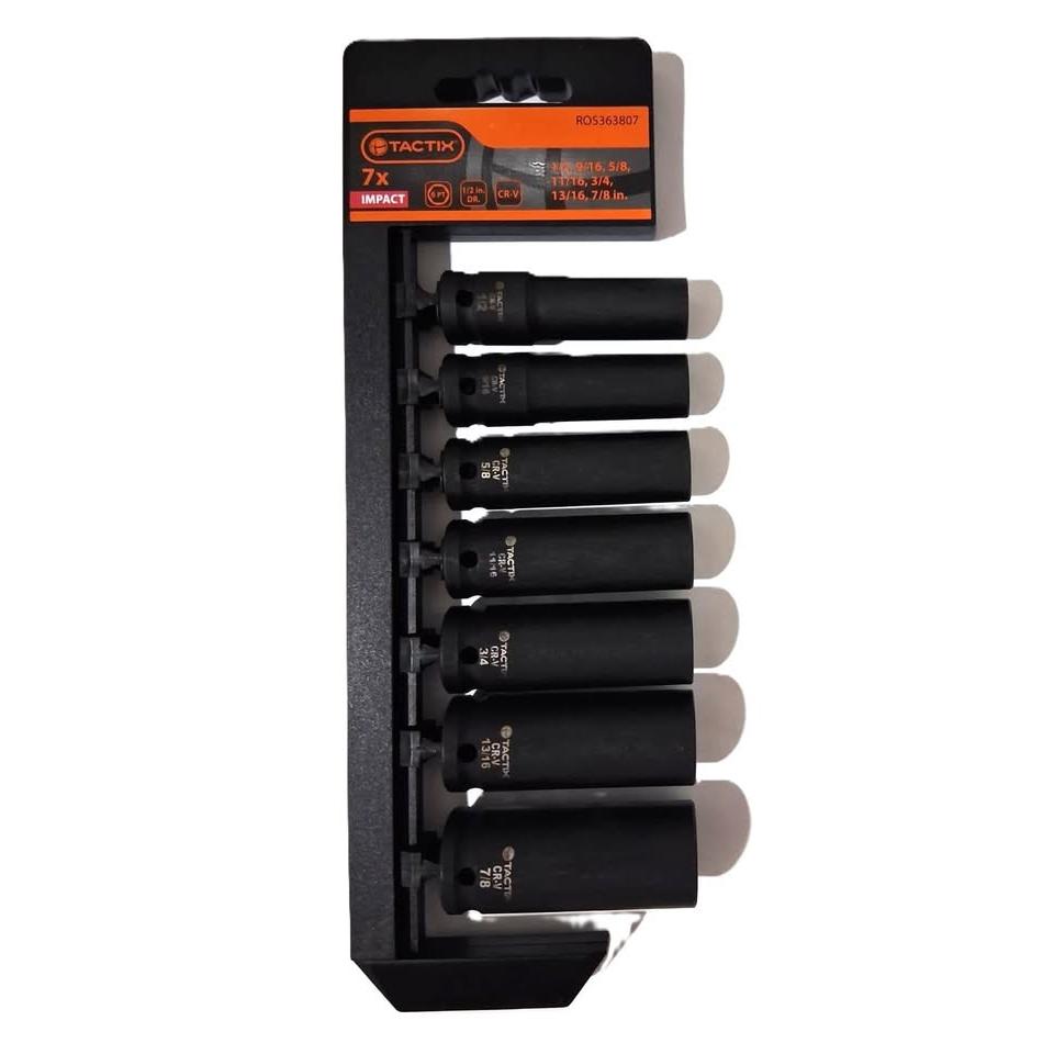 TACTIX Set 7 Dados Largos de Impacto 1/2" Drive SAE Cr-V 6PT Black Finish