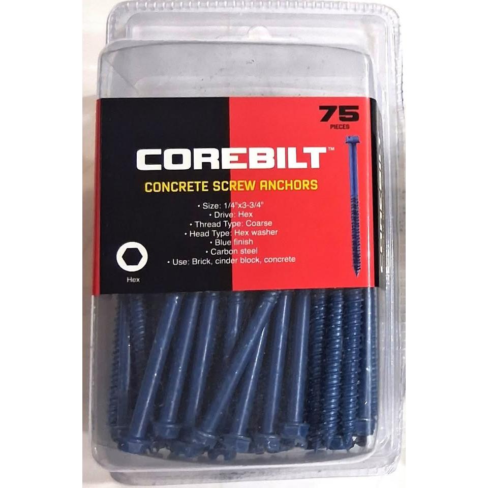 CoreBilt Concrete Screw Anchors – 1/4" x 3-3/4", 75 Pieces (Hex)