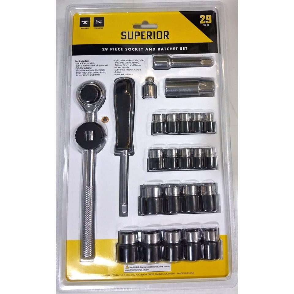 Set 29 Piezas Dados y Ratchet Superior – SAE y Métrico | 1/4" y 3/8" Drive | Bujía + Extensión | Cromo