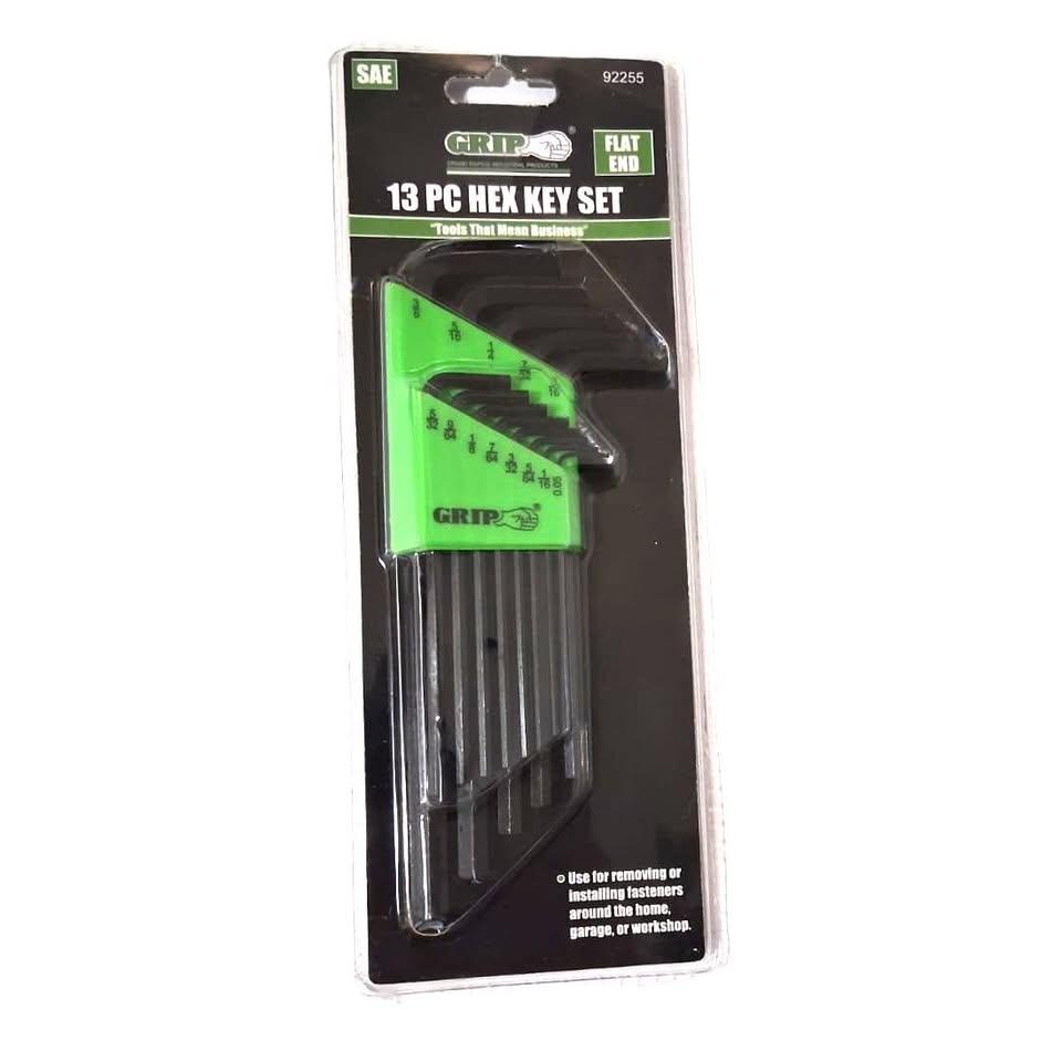 GRIP Set 13 Llaves Allen Hex Key SAE Flat End Black Oxide Estuche Verde .05" a 3/8"
