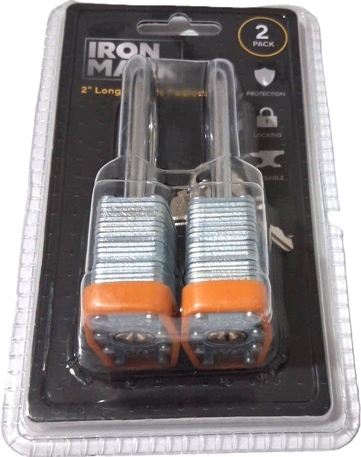 Iron Mark 2-Pack 2" Long Shackle Laminated Padlocks (2 Keys Per Lock)