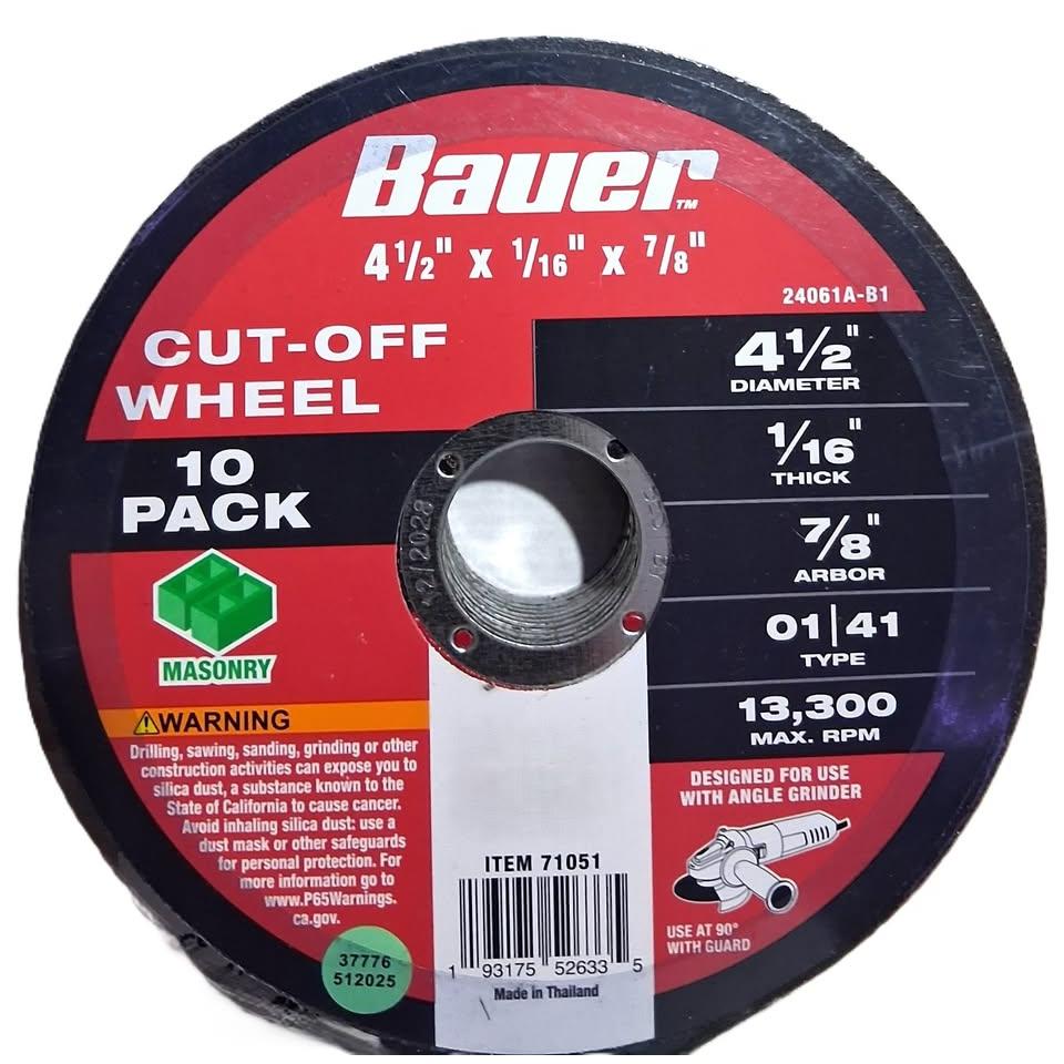 Discos de Corte Mampostería 4-1/2" Bauer – Pack 10 Piezas | 1/16" x 7/8" | Tipo 01/41 | 13,300 RPM | Amoladora Angular