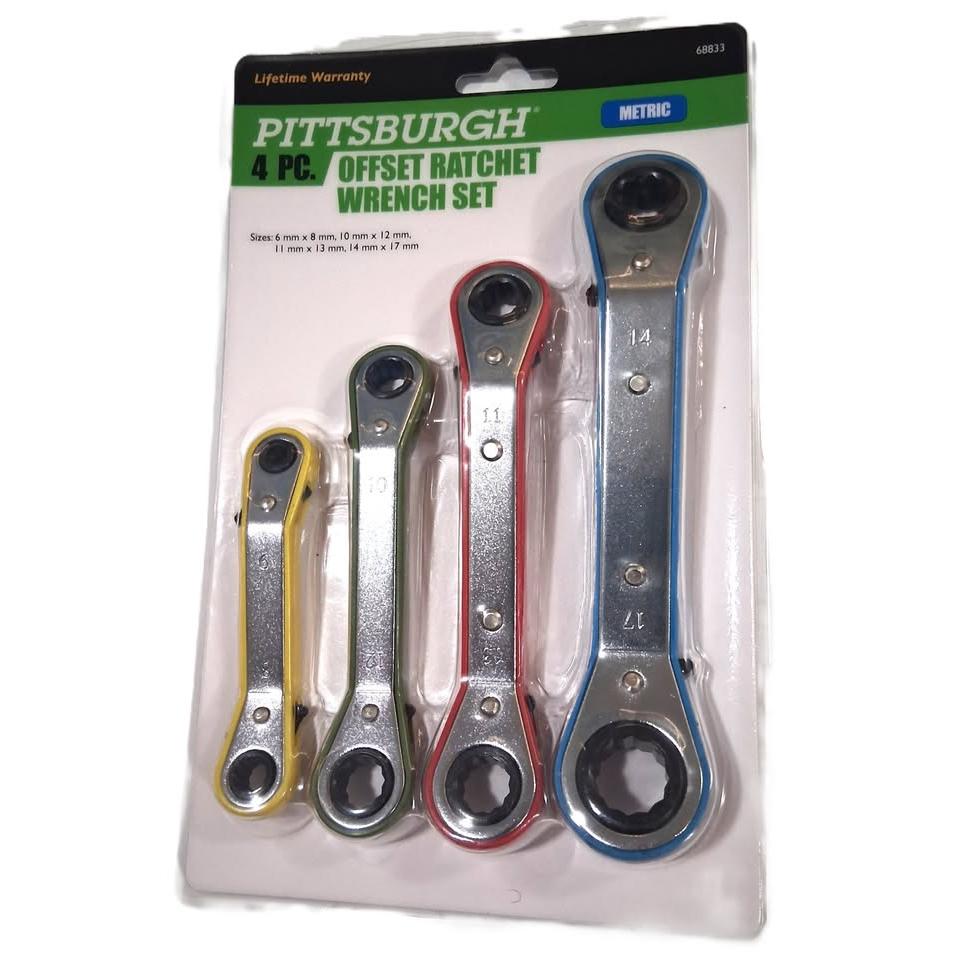 Set 4 Llaves Ratchet Offset Métrico Pittsburgh – 25° Offset | 12 Puntas | Reversible | 6-17mm | Garantía de Por Vida | Modelo 68833