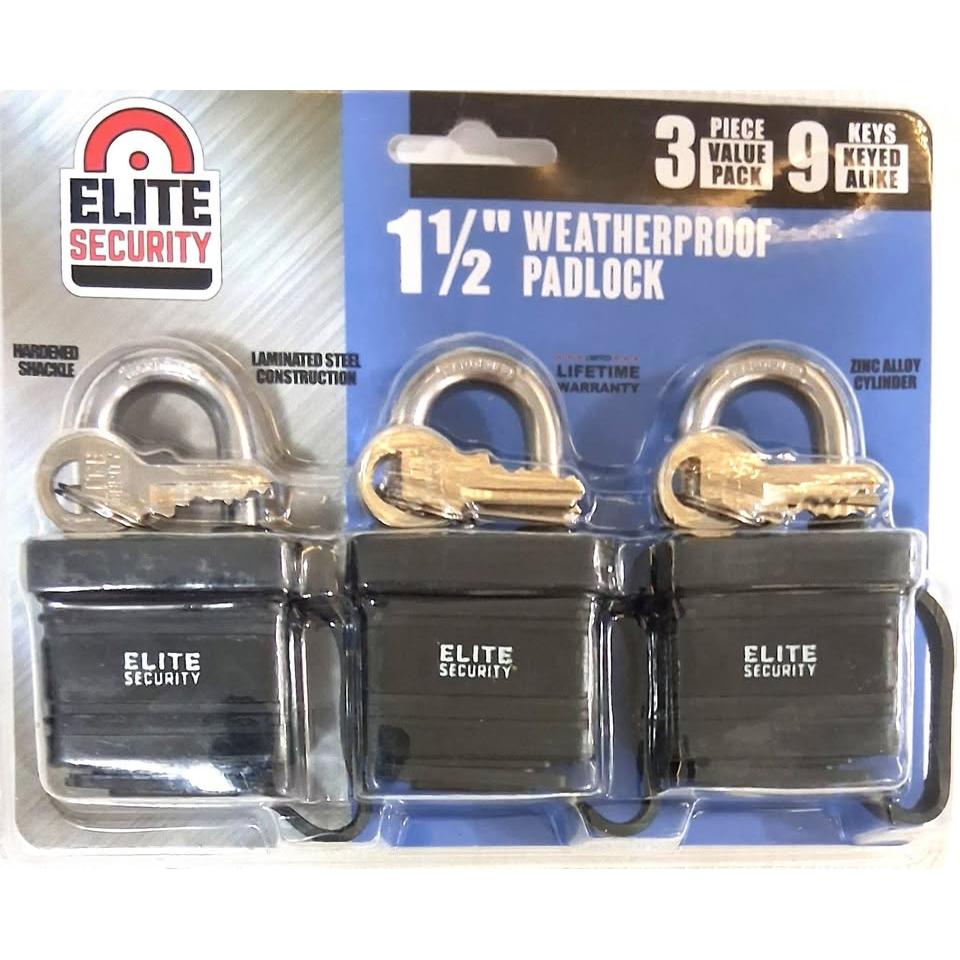 Elite Security 3-Pack 1.5" Weatherproof Padlocks – Keyed Alike (9 Keys)