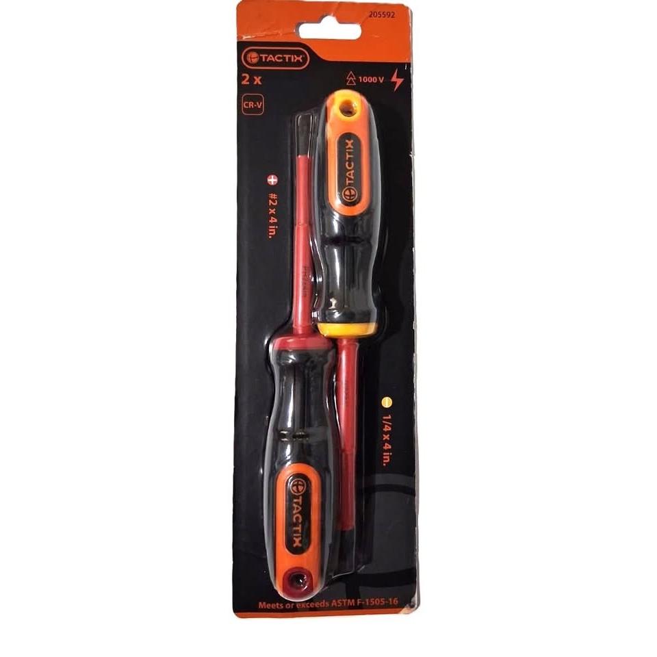 TACTIX Set 2 Destornilladores Dieléctricos 1000V Cr-V PH2x4" + SL1/4x4" ASTM F1505 Naranja Negro