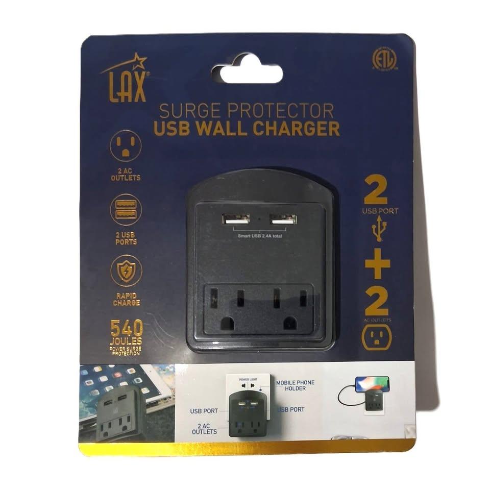 LAX Surge Protector USB Wall Charger – 2 AC Outlets + 2 USB (SUR2PBK)