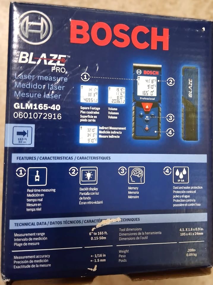 Bosch BLAZE Pro GLM165-40 Laser Measure – 165 ft, Backlit Display, IP54