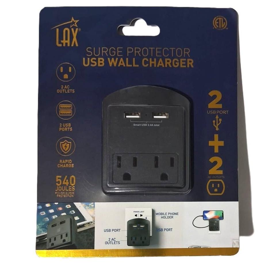 LAX Surge Protector USB Wall Charger – 2 AC Outlets + 2 USB (SUR2PBK)