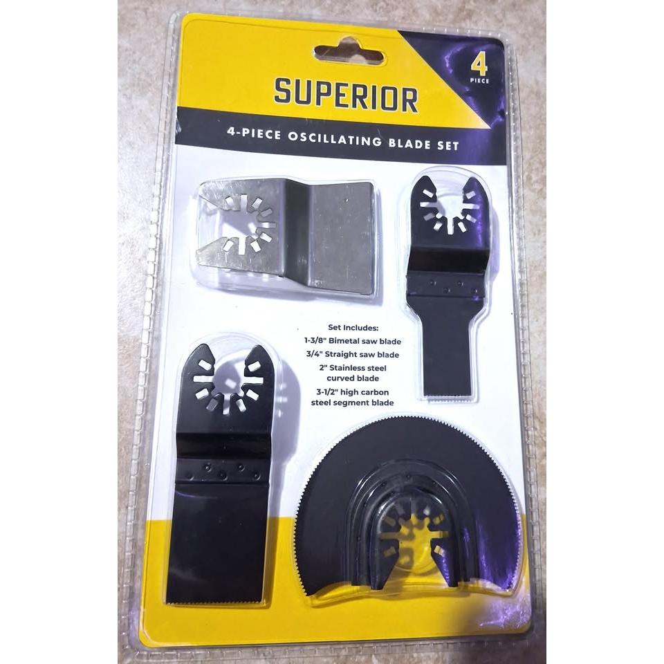 Set 4 Cuchillas Oscilantes Superior – Bimetal + Recta + Curva Acero Inox + Segmento Carbono | Madera, Metal y Plástico