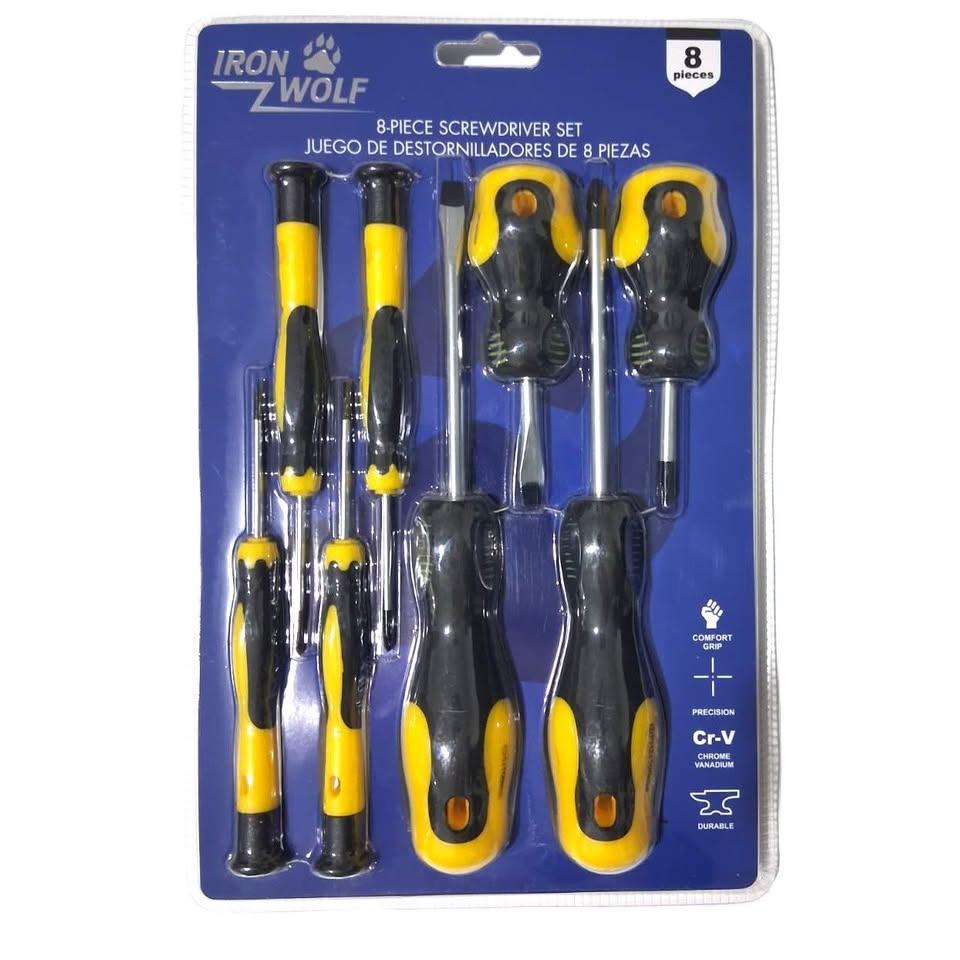 IRON WOLF Set 8 Destornilladores Cr-V Comfort Grip Precision + Driver Heads Amarillo Negro