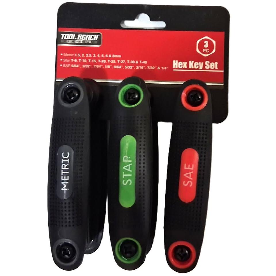 Set 3 Llaves Allen Plegables Tool Bench – SAE + Métrico + Torx/Star | Mango Ergonómico Plegable | Identificación por Color | Modelo 382718