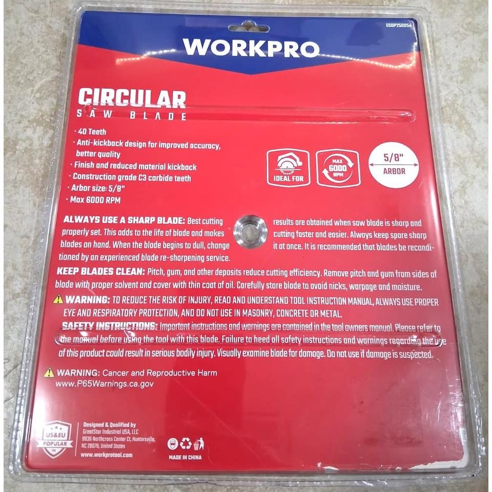 Hoja Sierra Circular 10" x 5/8" 40 Dientes WORKPRO – Carburo C3 Anti-Kickback | Madera | 6,000 RPM | Garantía de Por Vida