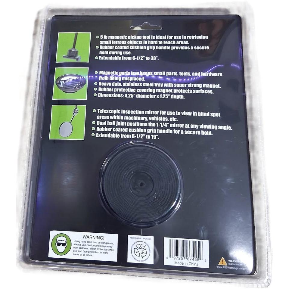 GRIP Set Herramientas Magnéticas 3 Piezas Verde — Pick Up 5 lbs + Bandeja Inox + Espejo Telescópico