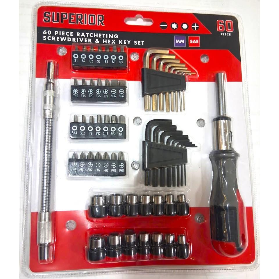 Set 60 Piezas Destornillador Ratchet + Llaves Allen Superior – MM + SAE | Slotted, Torx, Phillips, Hex, Dados + Extensión Flexible | Construcción, Reparación y Ensamblaje