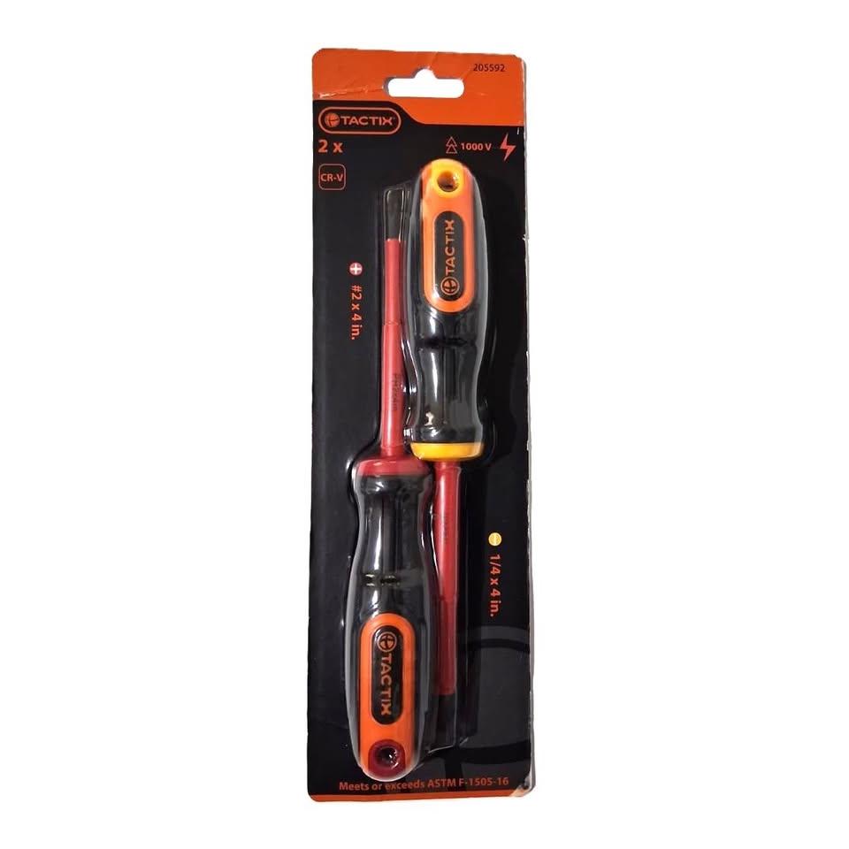TACTIX Set 2 Destornilladores Dieléctricos 1000V Cr-V PH2x4" + SL1/4x4" ASTM F1505 Naranja Negro