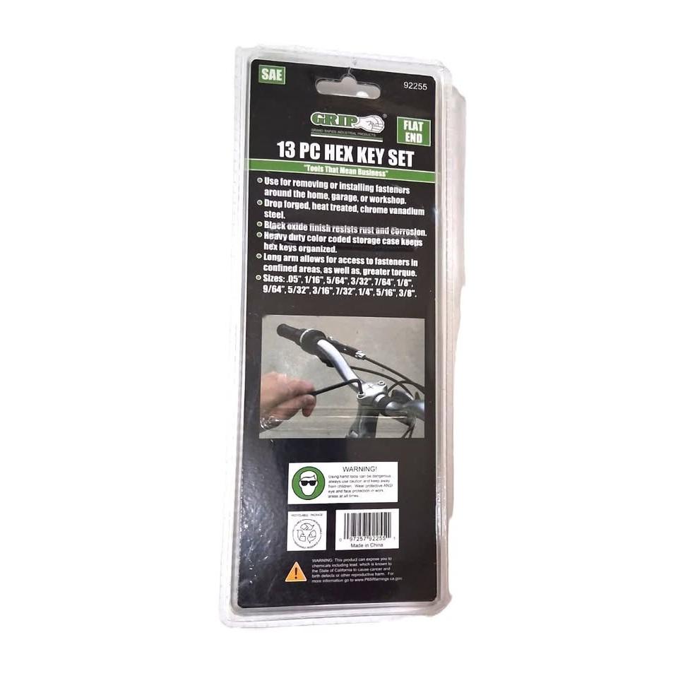 GRIP Set 13 Llaves Allen Hex Key SAE Flat End Black Oxide Estuche Verde .05" a 3/8"