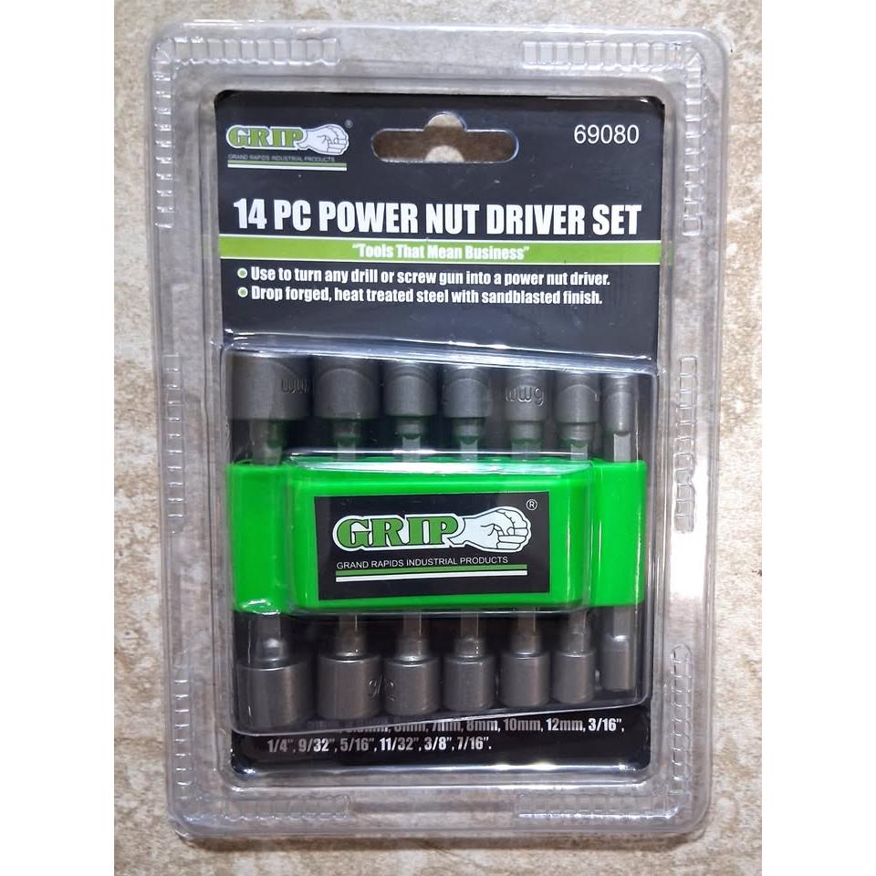 GRIP Set 14 Power Nut Drivers SAE + Métrico Drop Forged Heat Treated Sandblasted 69080