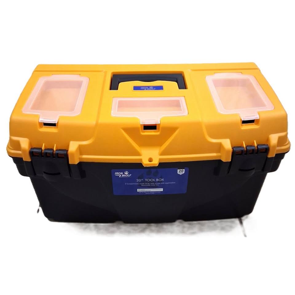 Iron Wolf 20" Plastic Tool Box – 3 Lid Compartments, Removable Tray