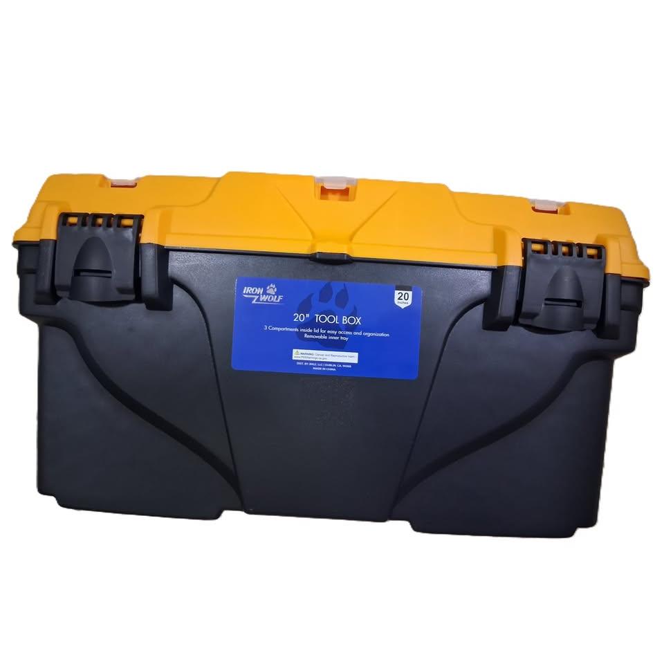 Iron Wolf 20" Plastic Tool Box – 3 Lid Compartments, Removable Tray