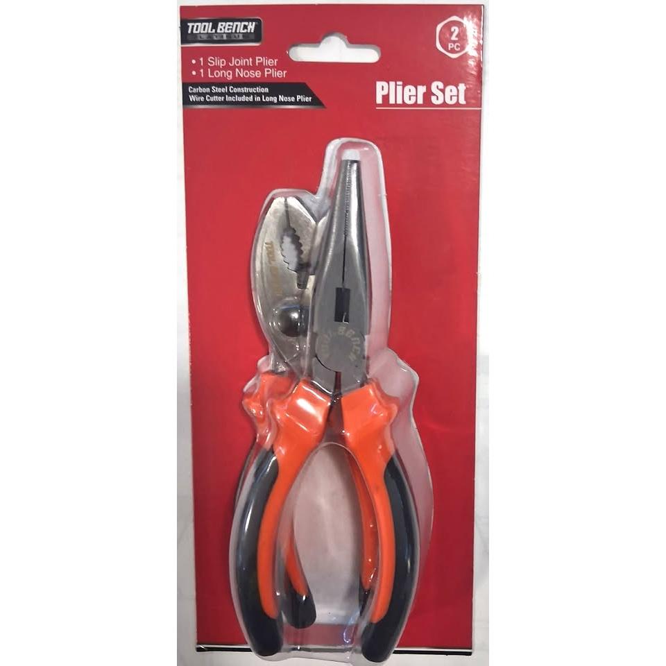 TOOL BENCH Set 2 Alicates Slip Joint + Long Nose con Wire Cutter Acero Carbono Naranja Negro