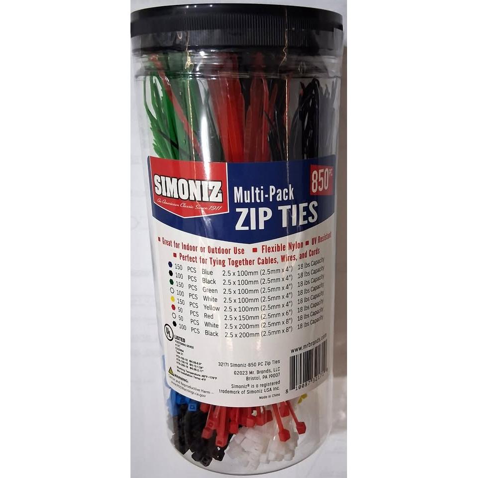 SIMONIZ 850 Piezas Zip Ties Multicolor 4" 6" 8" Flexible Nylon UV Resistant 18 lbs UL Listed