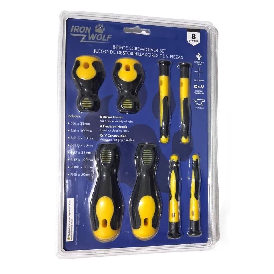 IRON WOLF Set 8 Destornilladores Cr-V Comfort Grip Precision + Driver Heads Amarillo Negro