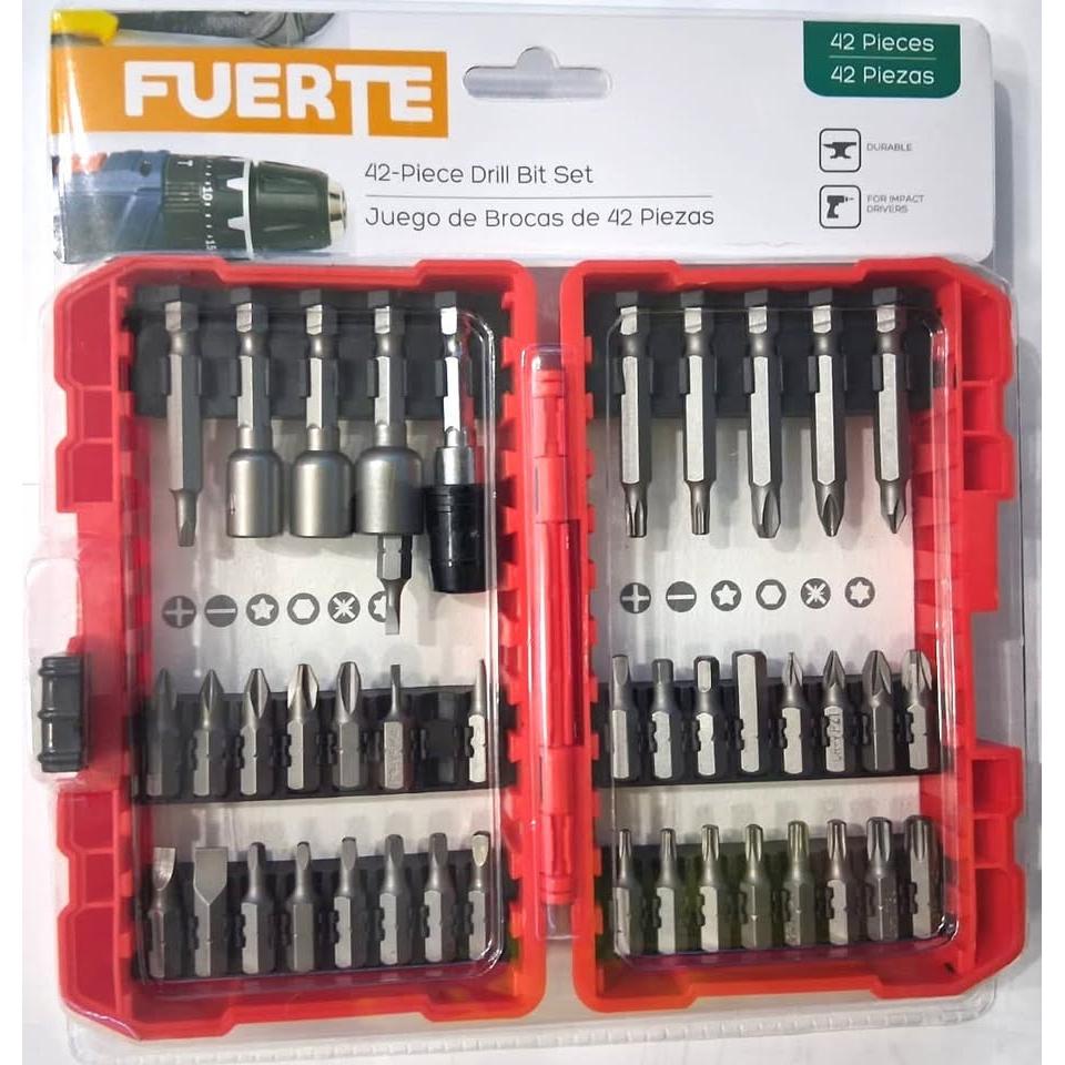 FUERTE Juego 42 Piezas Brocas y Puntas para Taladro e Impacto Estuche Rojo Phillips Torx Hex