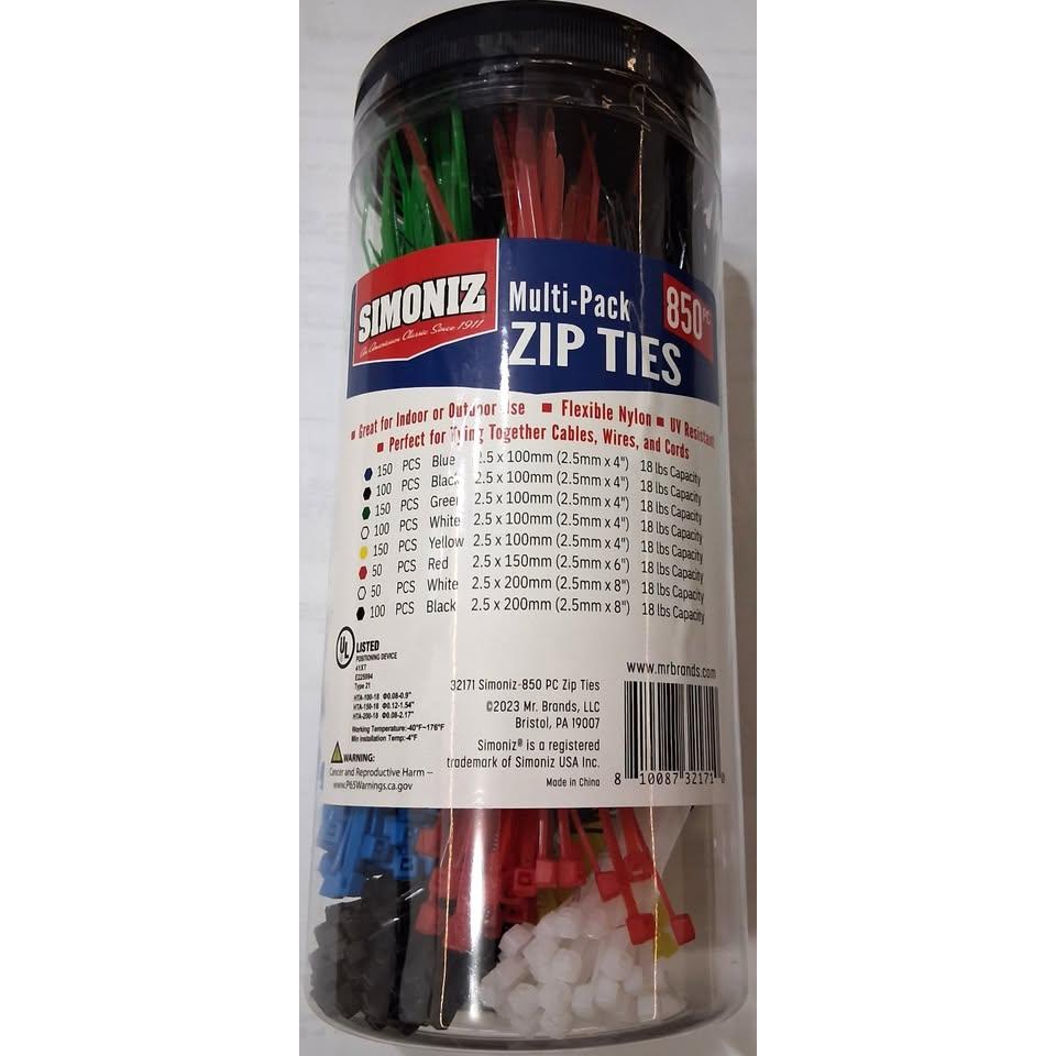 SIMONIZ 850 Piezas Zip Ties Multicolor 4" 6" 8" Flexible Nylon UV Resistant 18 lbs UL Listed