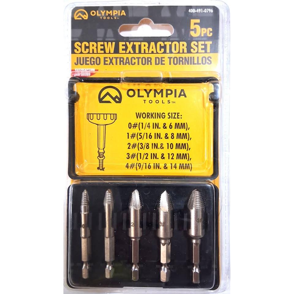 OLYMPIA TOOLS Set 5 Extractores de Tornillos Screw Extractor HSS Steel 0# a 4# 1/4" a 9/16"