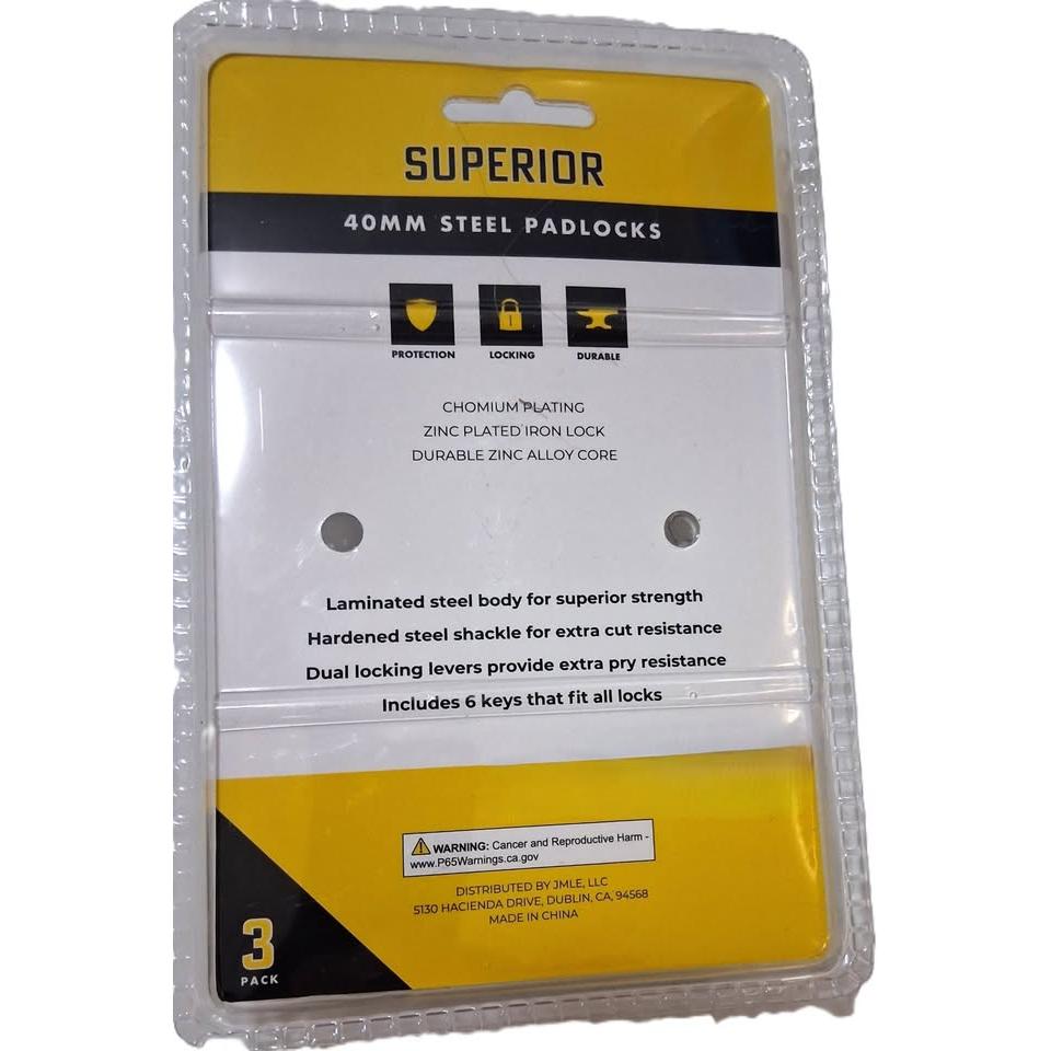 Superior 3-Pack 40mm Laminated Steel Padlocks – Keyed Alike (6 Keys)