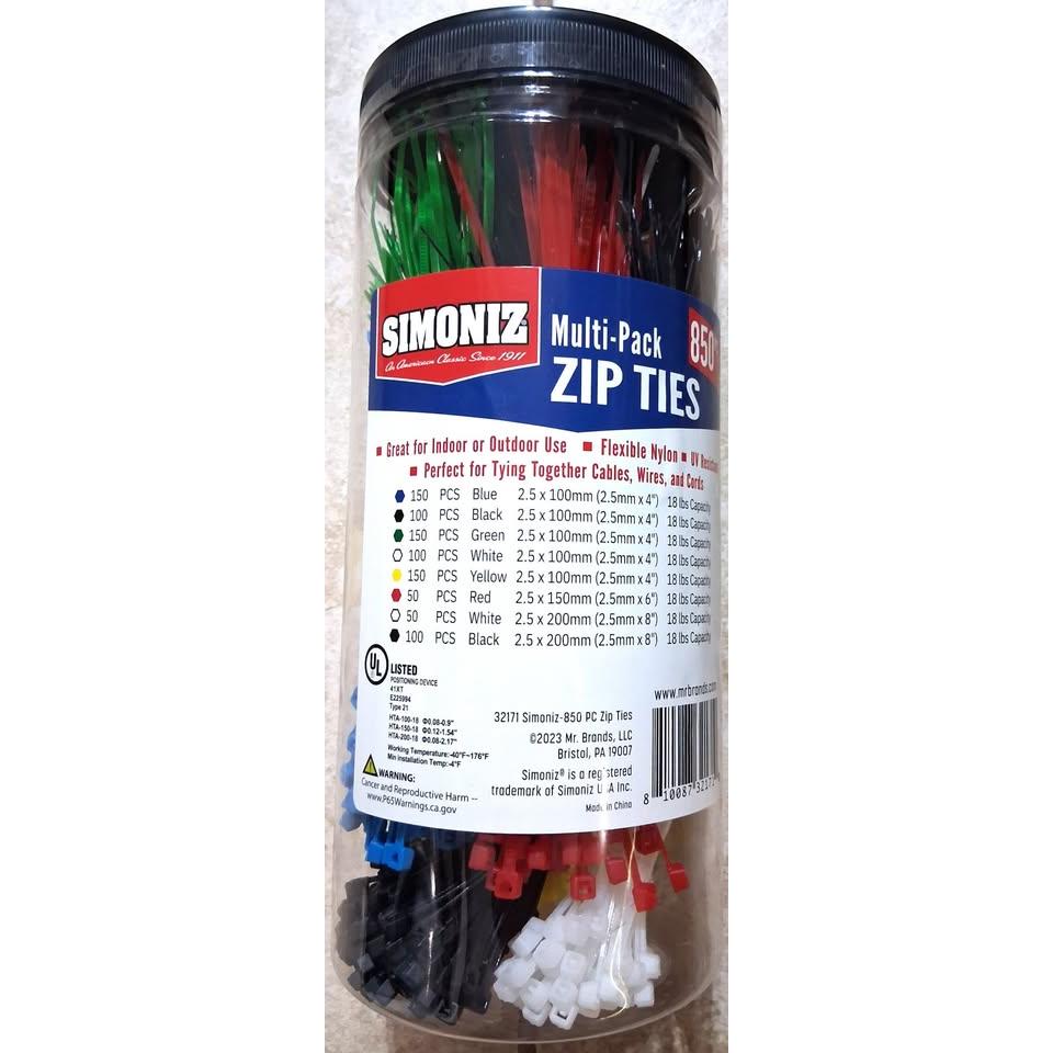 SIMONIZ 850 Piezas Zip Ties Multicolor 4" 6" 8" Flexible Nylon UV Resistant 18 lbs UL Listed