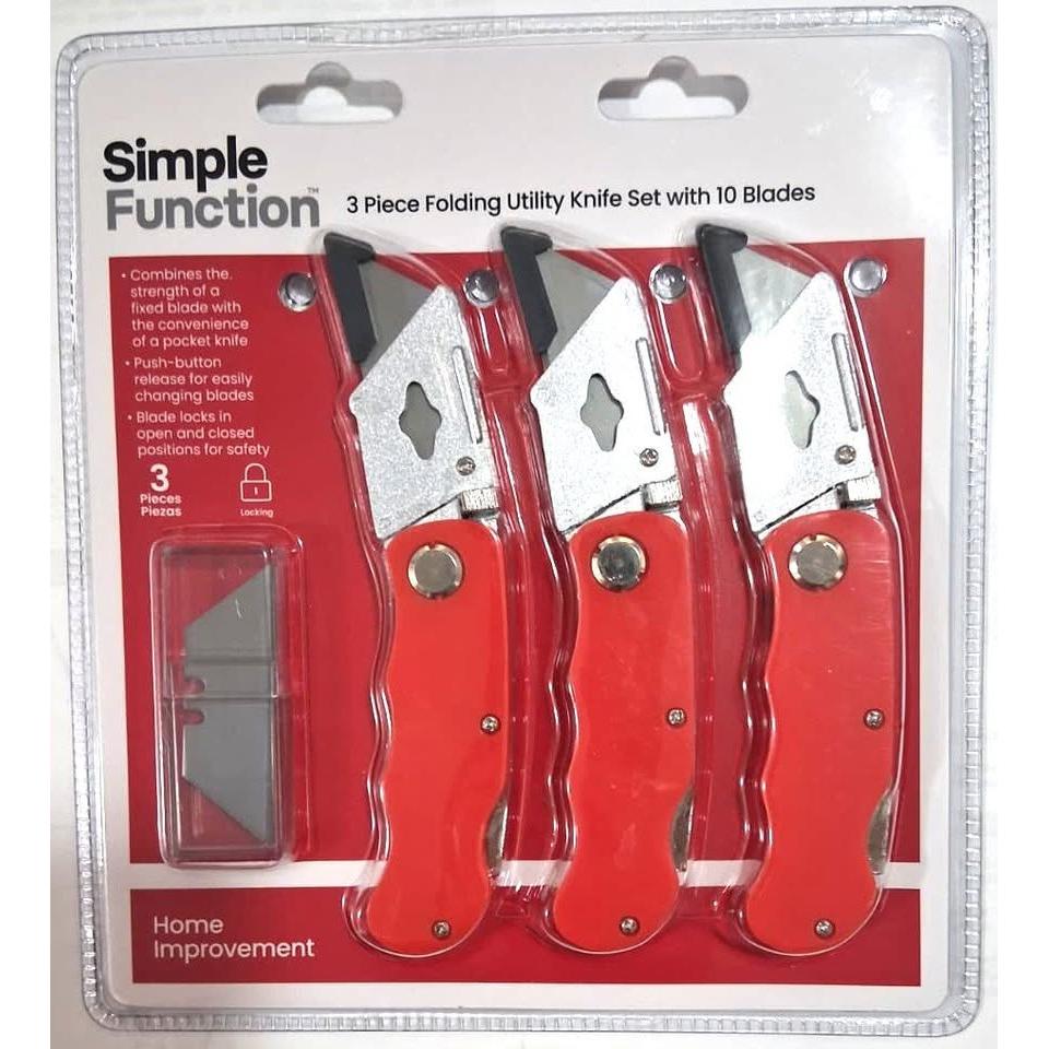 SIMPLE FUNCTION Set 3 Navajas Plegables Utility con 10 Cuchillas Push-Button Locking Rojo
