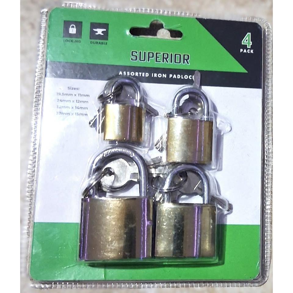 Superior 4-Pack Assorted Iron Padlocks – 4 Sizes, Gold (3 Keys Per Lock)