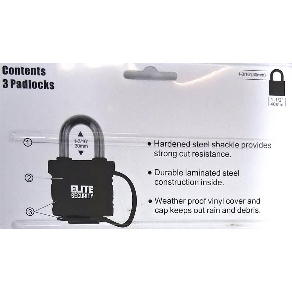 Elite Security 3-Pack 1.5" Weatherproof Padlocks – Keyed Alike (9 Keys)